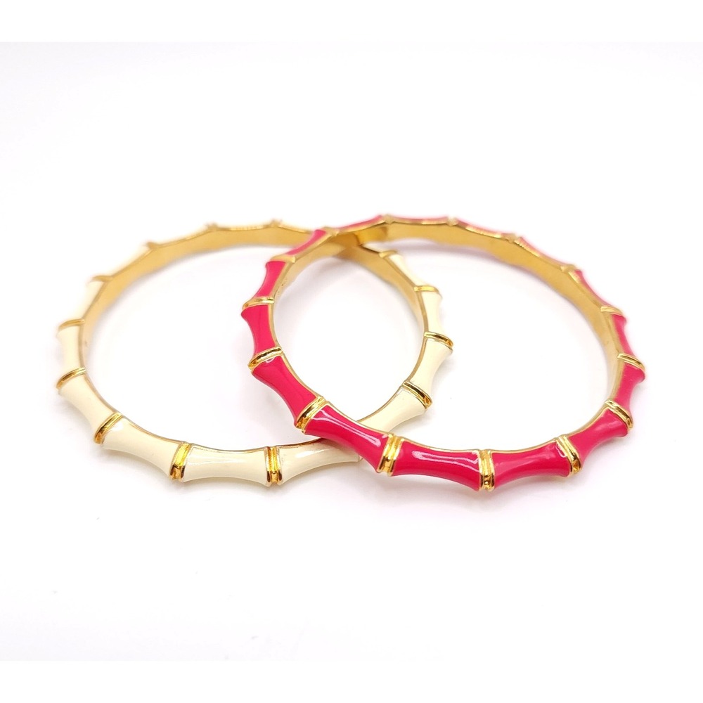 Stella & Dot Julep Bamboo Bangle Bracelets Pink Cream Enamel Gold Tone Set 2